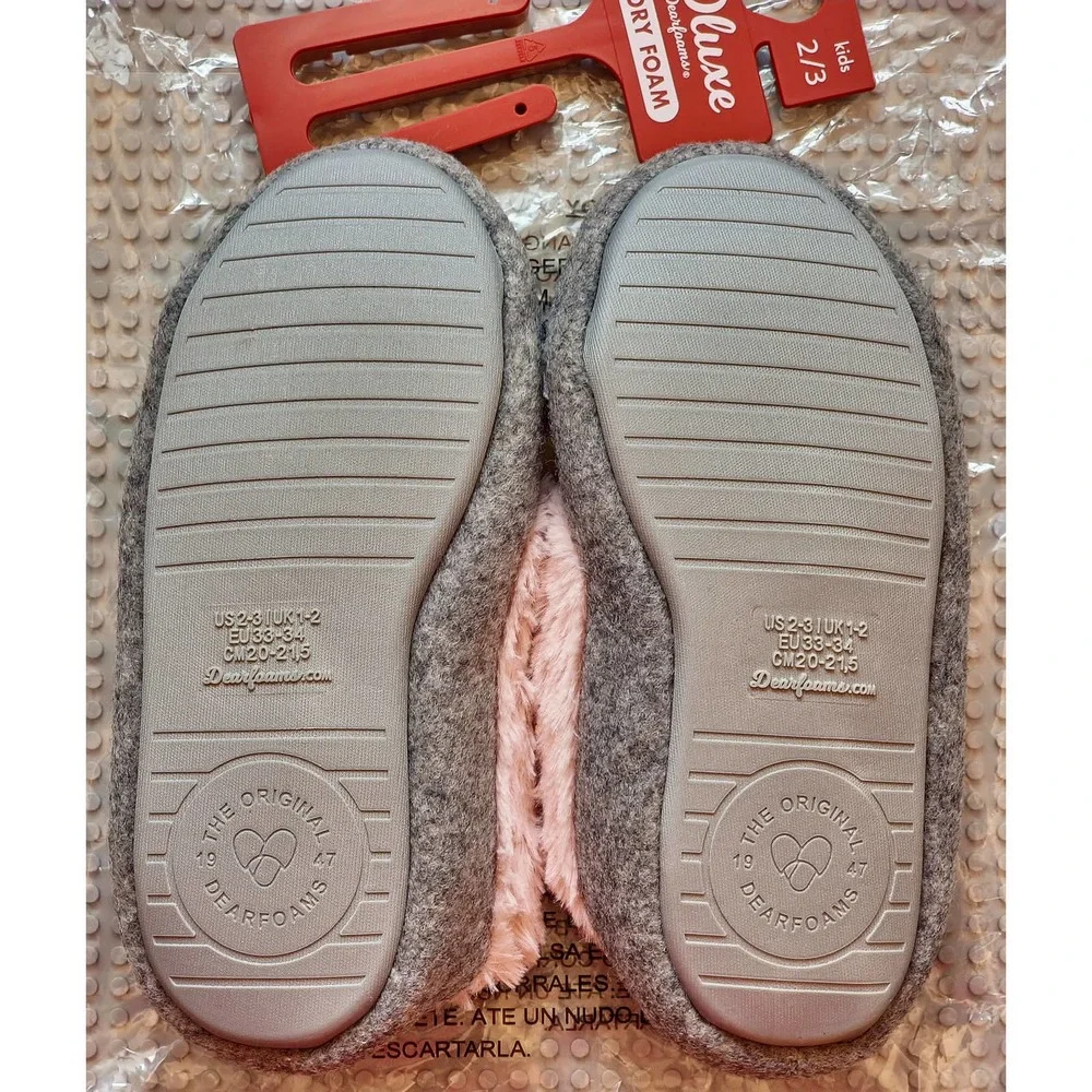 Kid's Dluxe By Dearfoams Closed Back Loafer Slippers Pink & Grey w/ Bow‎ 2/3 New